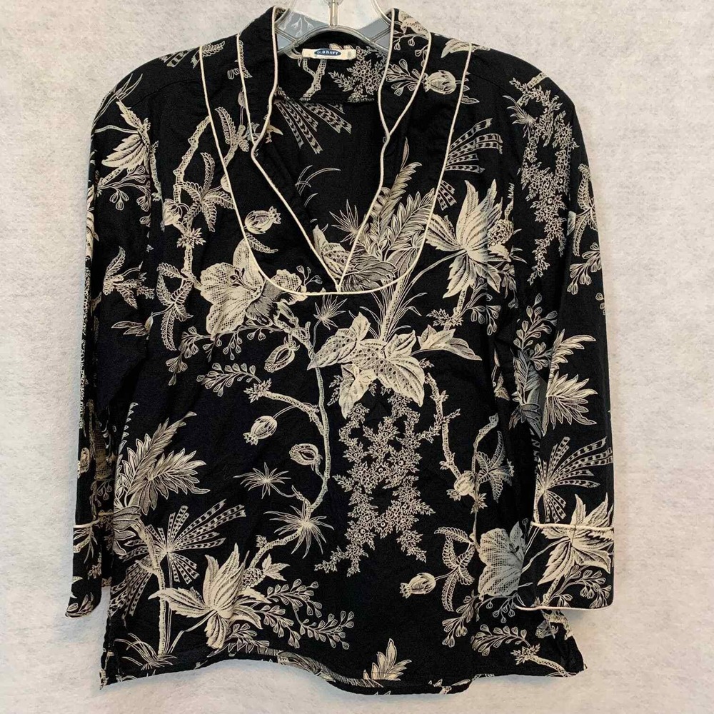 Old Navy Blouse Women Small Black Floral Toile Boho Split Neck 3/4 Sleeve Good